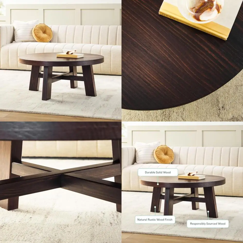 

Walker Edison Colt Modern Farmhouse Solid Wood Round Coffee Table, 36 Inch, Espresso