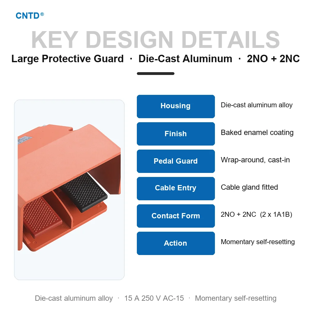CNTD CFS-602 Heavy Duty Aluminum Alloy Foot Switch with Large Protective Guard 15A 250VAC Dual Pedal 2NO 2NC Momentary CE CCC
