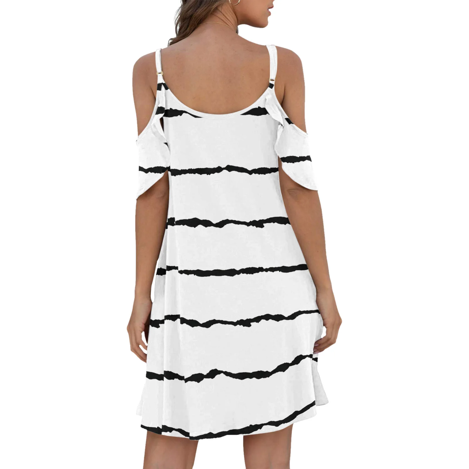 

Summer Women's O-collar Short-sleeved off-the-shoulder Striped Print Dress Knee-length Dress, Loose Casual Holiday Beach Dress
