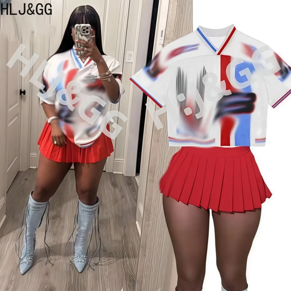 

HLJ&GG Fashion Basketaball Tshirt Two Piece Sets Women V Neck Short Sleeve Top + Mini Pleated Skirts Outfits Y2K 2pcs Streetwear