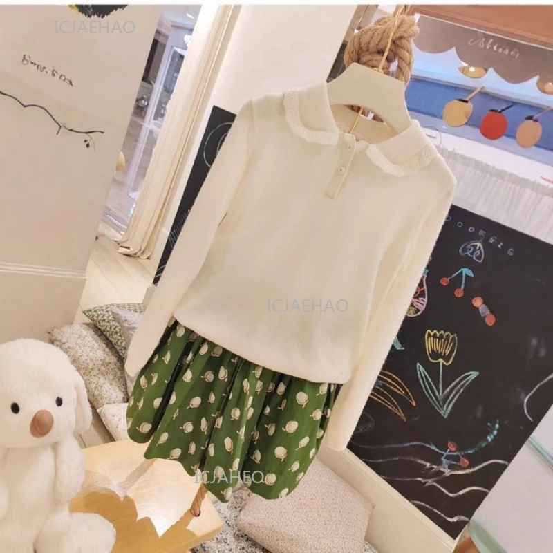 New French Style Children Girls Wool Lapel Lace Trim Long Sleeve Sweater White Solid Color Knitwear Top for Kids Autumn Winter