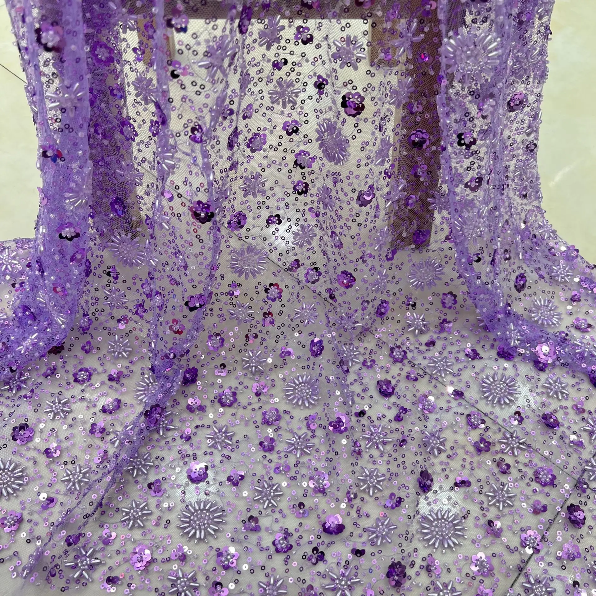 New Three-dimensional Pearl Beads for Wedding Dress Fabric Embroidered Purple Lace Fabric