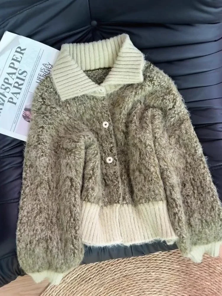 

Мягкий уютный вязаный кардиган свободного кроя для женщин, осенне-зимний модный топ с эффектом похудения, трендовый свитер с отложным воротником и вставками