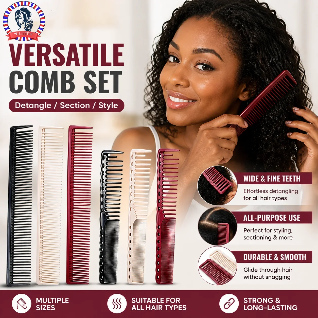 WANMEI Multi Size Barber Comb Set Wide Fine Teeth Smooth Detangling Styling Combs Durable Salon Tools All Hair Types