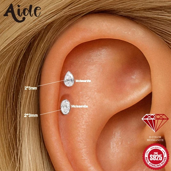 Aide 2*3mm Moissanit-Ohrstecker aus 925 Sterling Silber mit Schraubgewinde, minimalistischer flacher Ohrstecker für Männer und Frauen.