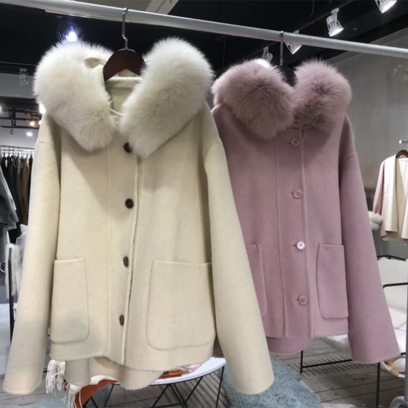 

Winter Women Hooded Thick Camel Wool Coat New Loose Medium Long Fashion Large Pocket Single Breasted Woolen Jacket Female Autumn