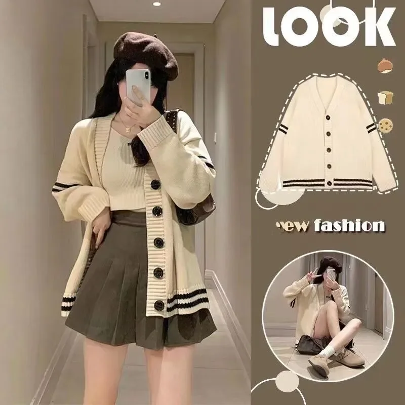 

Spring Autumn New Cardigan Knitted Sweater + Vest Short Skirt Casual Three-Piece Set