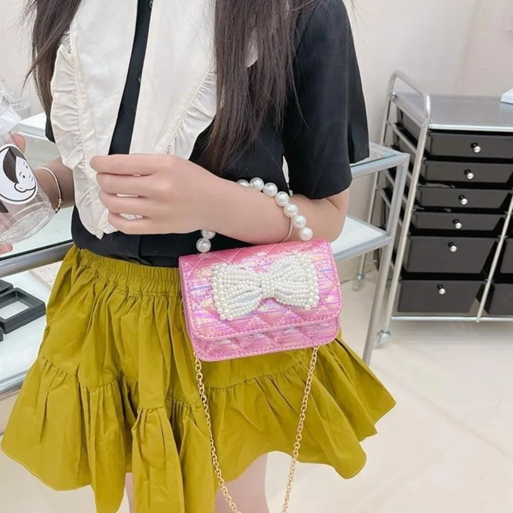 Casual PU Leather Pearl Handbag Mini Korean Style Bow Crossbody Bag Chain Solid Color Children Coin Purse Women