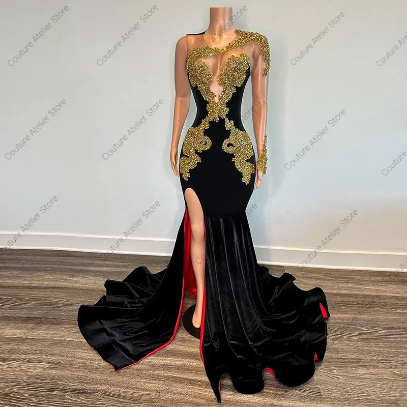 Abiti da ballo neri Ragazze africane Applique di cristallo Sirena Abito per party di matrimonio Abiti da sera con spacco sexy Lussuosi personalizzati