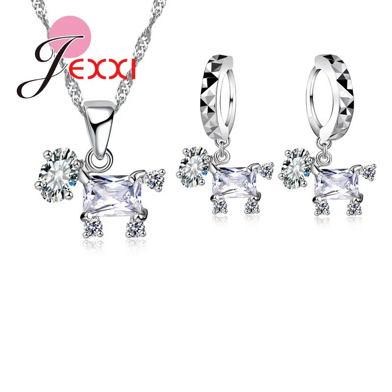 Cute Crystal Hourse Pendant Necklace Drop Earrings Set Wedding 925 Sterling Silver Jewelry Sets Cubic Zirconia  Collar