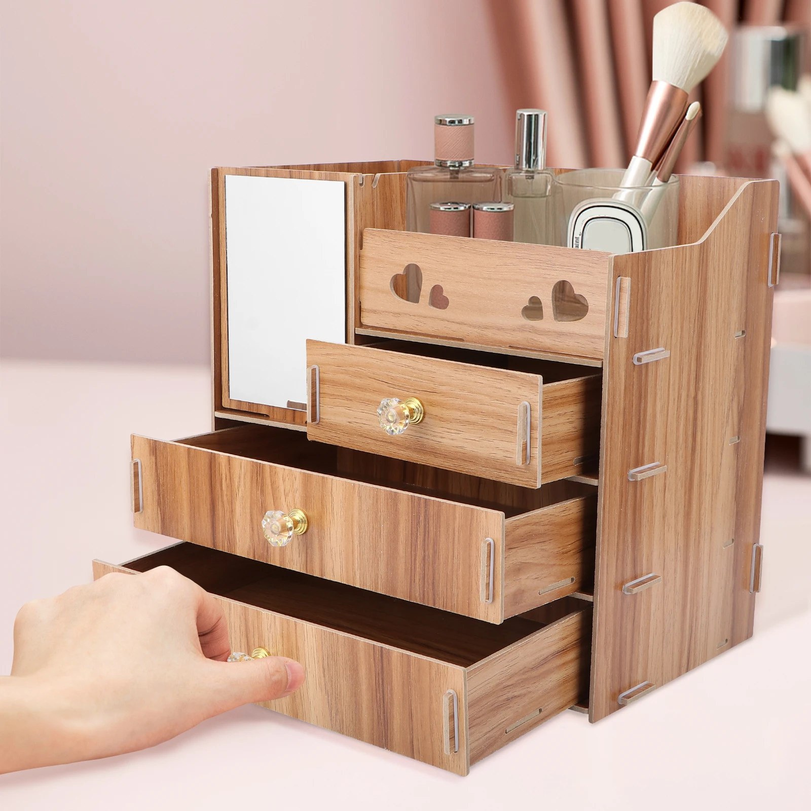 

Wooden Cosmetics Storage Rack Durable Compact Size Mirror Tissue Holder Drawer Structure Practical ganizer Multifunctional