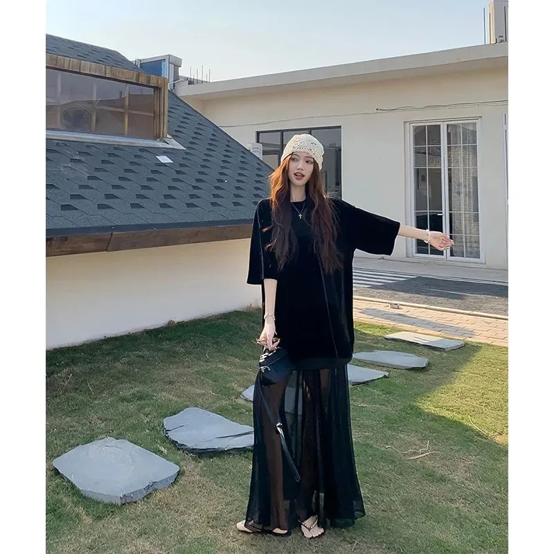 Women's French Elegant Velvet Short Sleeve Top Mesh Maxi Skirt