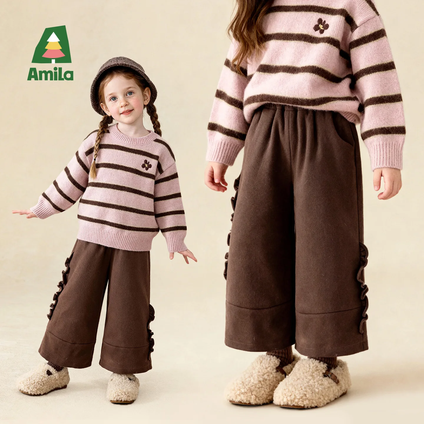 

Детские зимние повседневные брюки Amila с широкими штанинами, утолщенный цельный бархат, украшение с рюшами по краям, эластичная талия