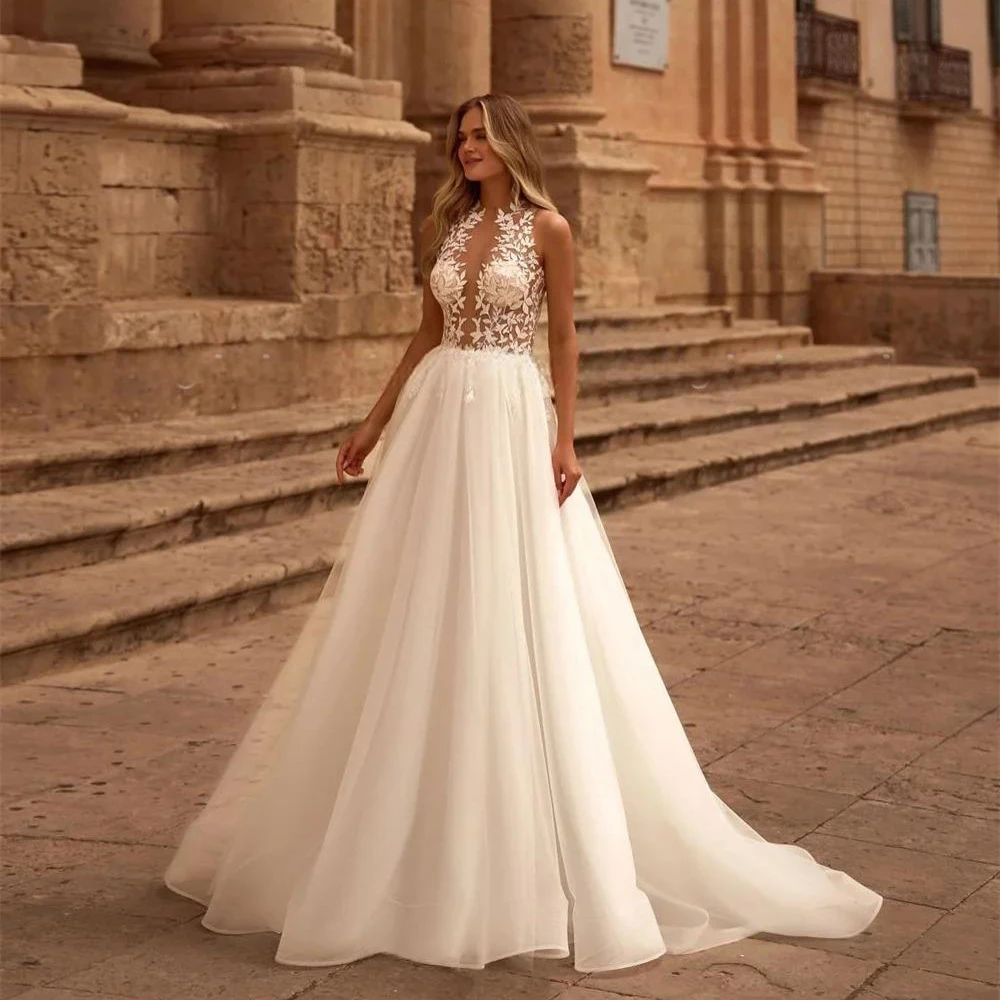 

Illusion Neck Appliques Lace Boho Tulle Wedding Gown A-line Open Back Sleeveless Bridal Dress with Train Custom Made Vestidos