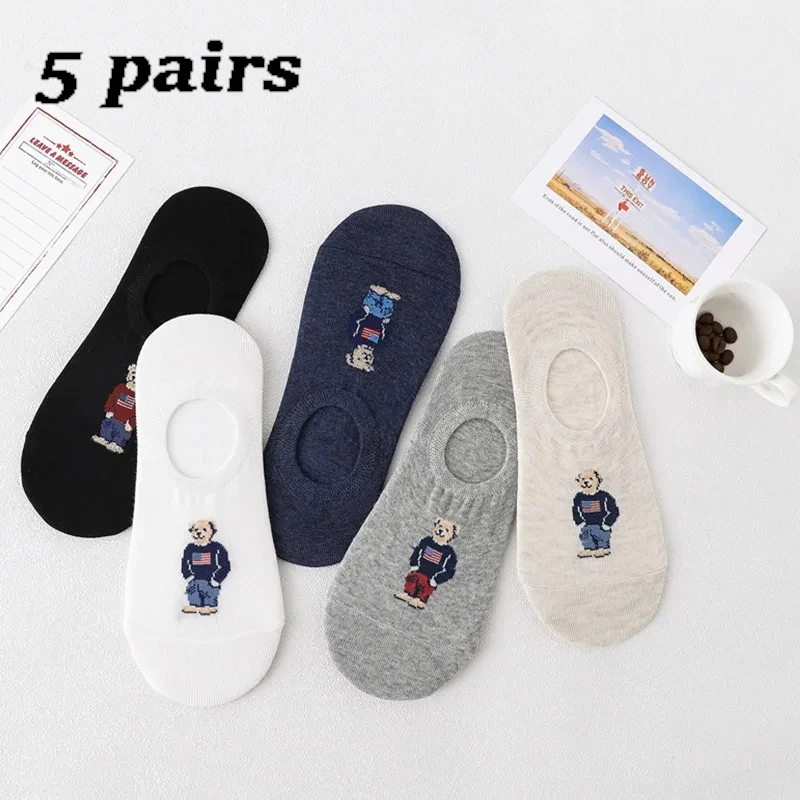 5 Pairs 1 Set Fashion Mens Cartoon Bear Summer Autumn Socks Non Slip Transparent Comfortable Silicone Cotton Ankle Slippers