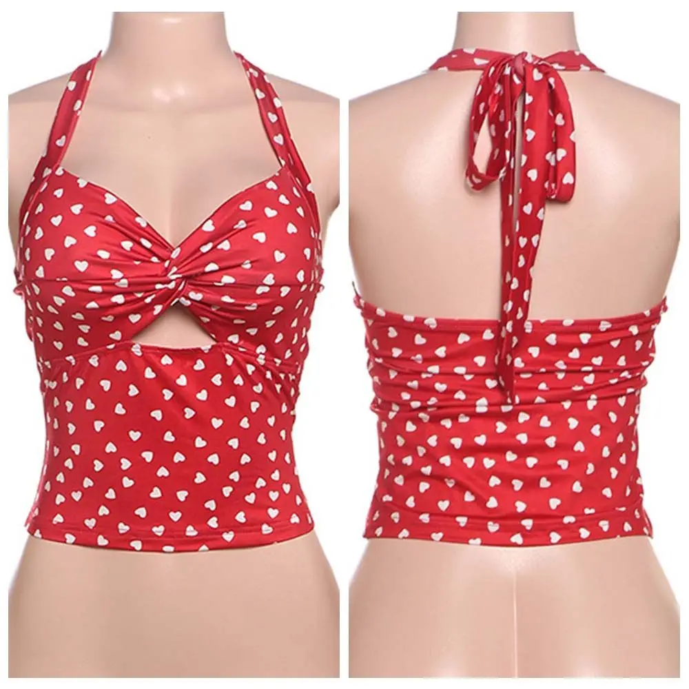 

Stylish Dot Sleeveless Crop Top Korean Style Love Heart Halter Vest Top Chic Lace Up Women Camisole Streetwear