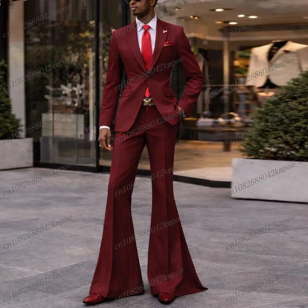 

Новый бордовый мужской костюм с расклешенными брюками, для жениха, шафера, на свадьбу, выпускной, для деловых встреч, мужской смокинг, комплект из 2 предметов: пиджак и брюки