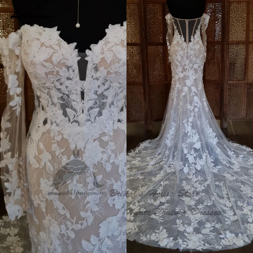 Lakshmigown-Vestidos de casamento sereia para mulheres árabes, ombro fora, sereia, sukienka, renda vintage, vestido nupcial boho, mangas compridas, novo, 2024