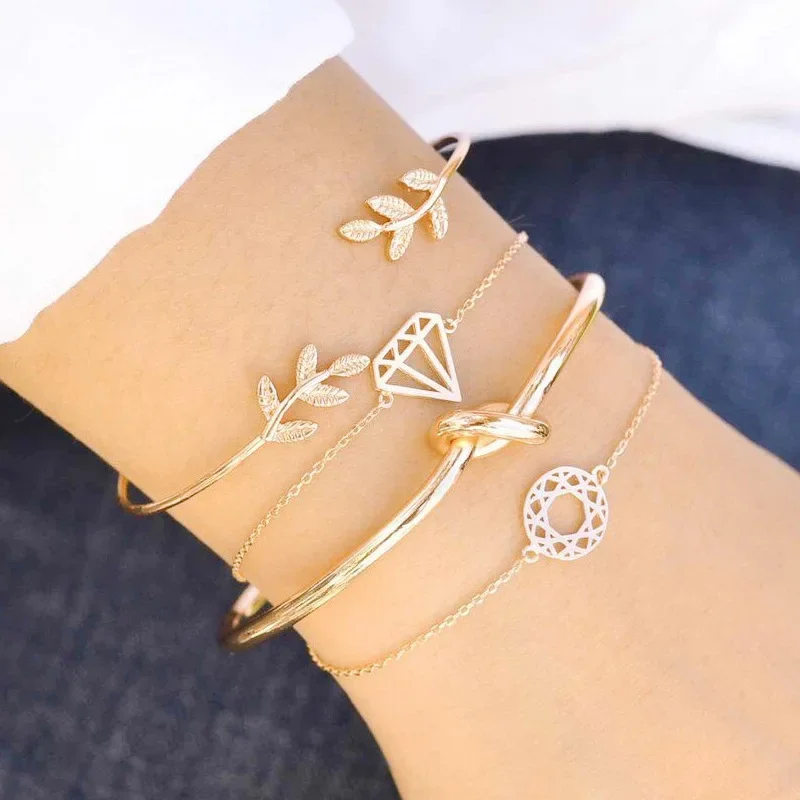 Exquisite Fashion Elegant Leaf Diamond Shape Jewelry Four Bracelets Women's Stretchable Adjustable Simple Custom Jewelry