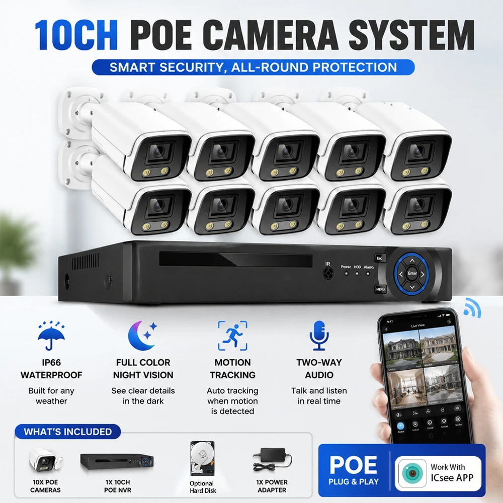 8MP 4K POE NVR Camera System Outdoor Home Surveillance Kit AI Full Color Night Vision Audio Recording CCTV Security Camera ICsee