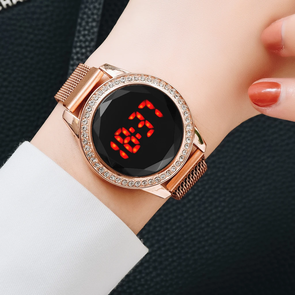 Luxury Digital Red LED Watches For Women Magnetic Stainless Steel Belt Quartz Clock Ladies Wrist Watch Fashion Business Watch