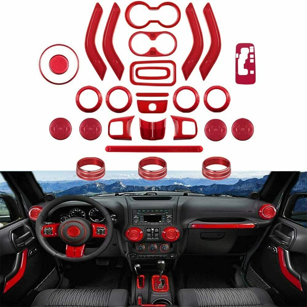 

28 PCS For JK JKU 2011-2018 Interior Decoration Trim Kit Door Handle & Cup Cover, Steering Wheel & Center Console Trim, etc