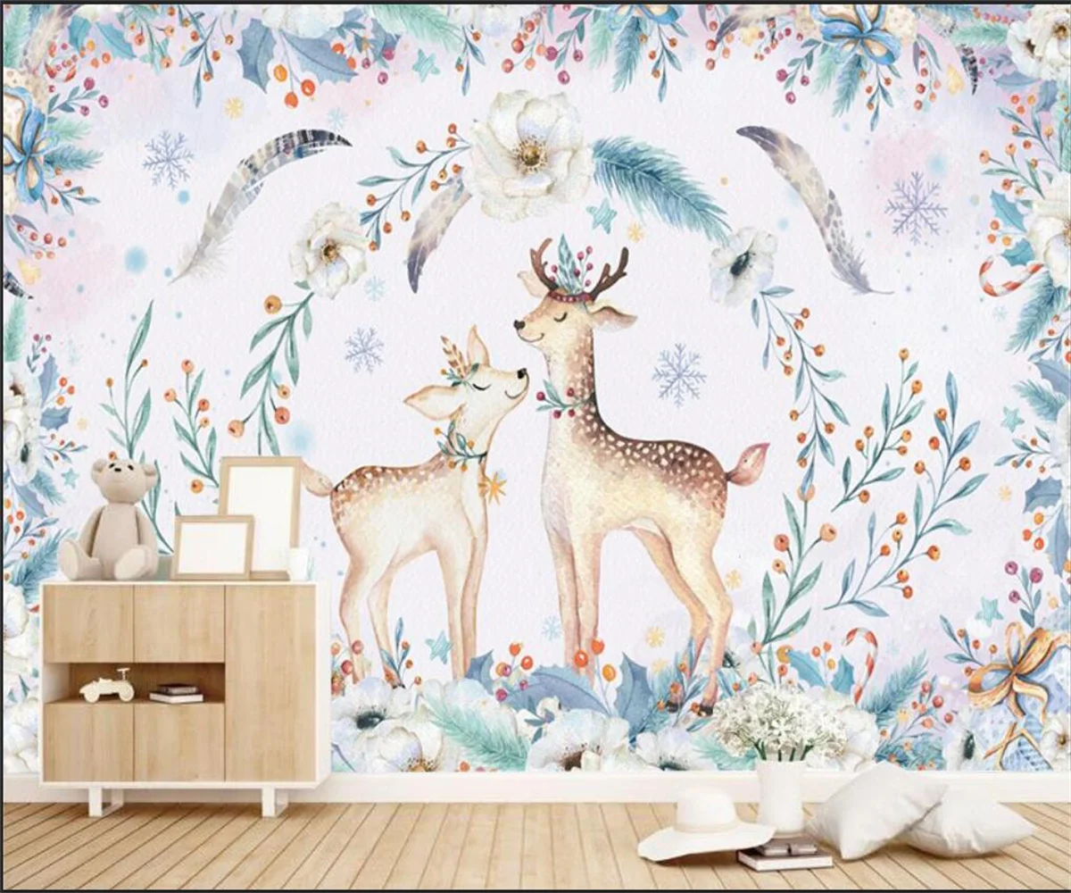 

Custom wallpaper mural Nordic elk flower children's room kindergarten background wall home decoration living room 3d wallpaper