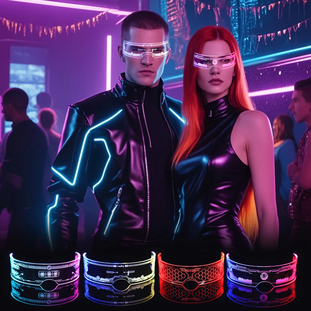 

4 футуристических светодиодных очка, четыре стиля - различные цвета, очаровательные и модные, набор для вечеринок, киберпанк-бар, диско-стиль - случайно распределенный штормовый дизайн львиного глаза, унисекс, роман, светодиодное освещение, модное, уникал