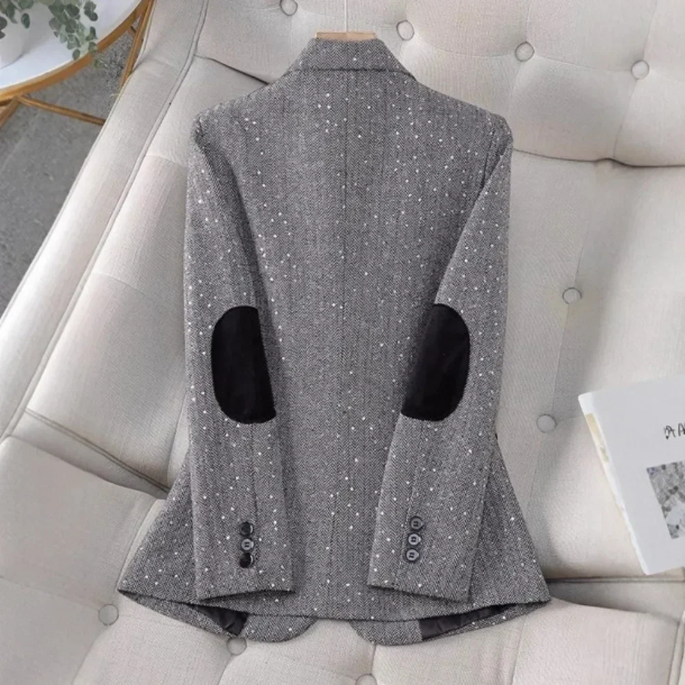 Women Sequin Houndstooth Blazer Korean Style Short Lapel Button Down Slim Fit Soft Breathable Flattering Daily Office Comfy New