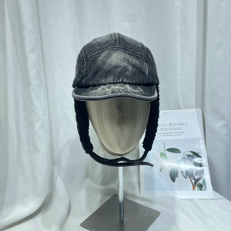 

Japanese Washed Denim Flying Baseball Cap for Men and Women in Winter Thickened Padded Cotton Warm Ear Protector Bomber Hats