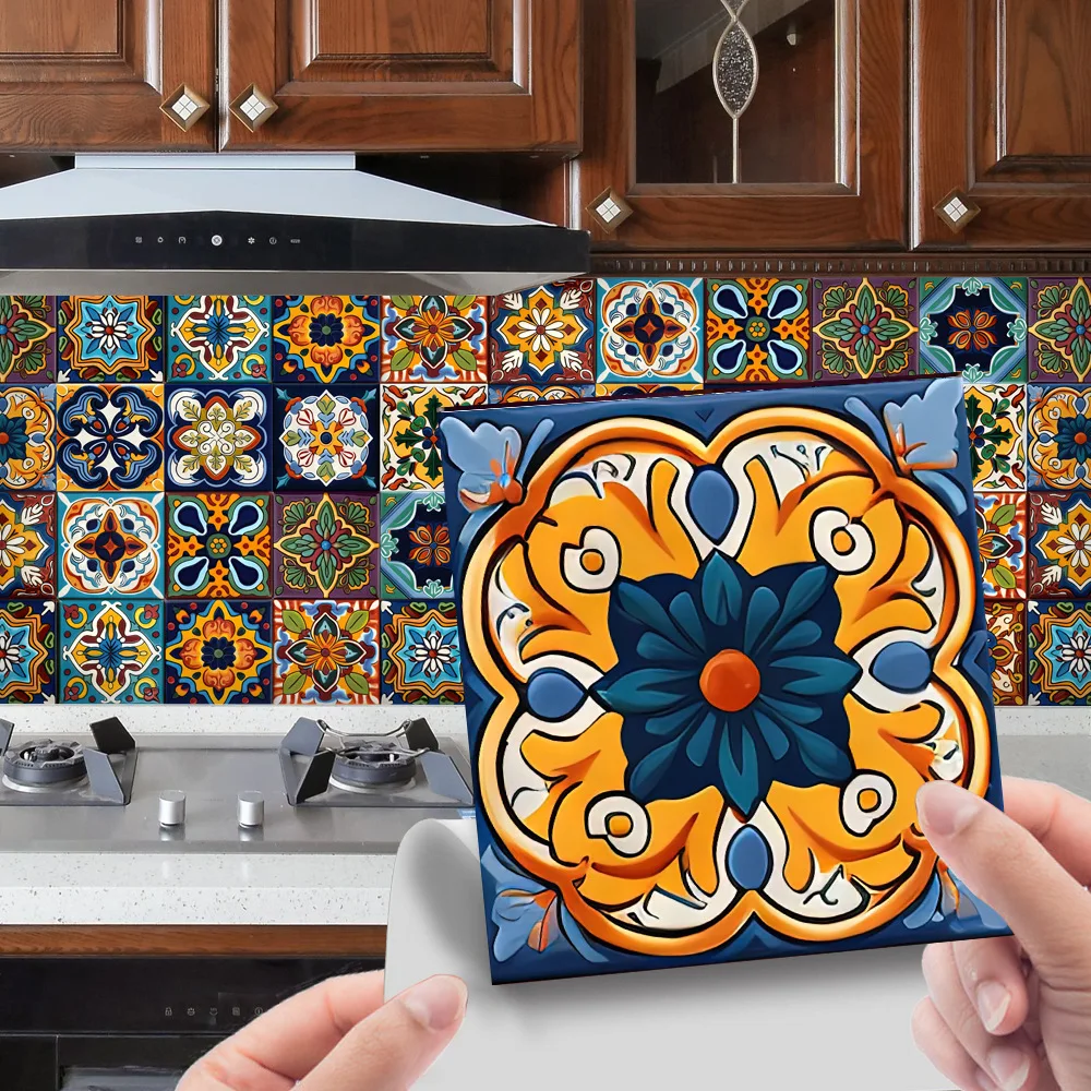 20x20cm 24-Sheet Shiny Moroccan Style Tile Sticker Self-Adhesive Wallpaper for Living Room Bedroom Peel &Stick Decor Retro Style
