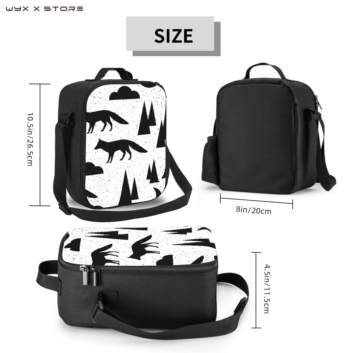 Black White Forest Tree Cloud Fox Insulated Lunch Bags Cooler Lunch Container Large Tote Lunch Box Food Handbags College Picnic