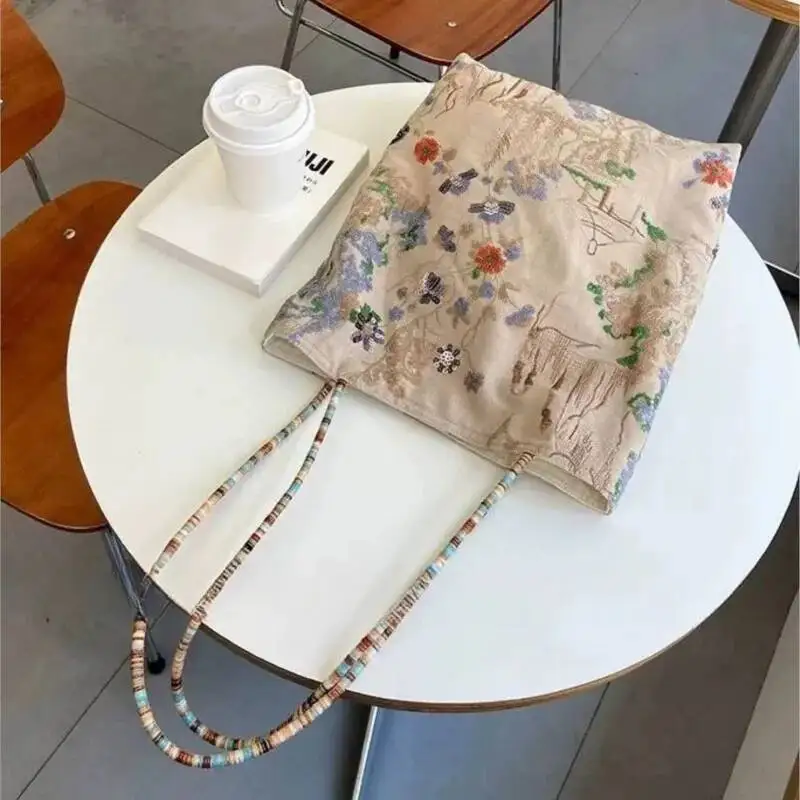 Floral Canvas Handbag Women Large Capacity Sequined Embroidery Shoulder Ladies Landscape Pattern Elegant Tote Bag