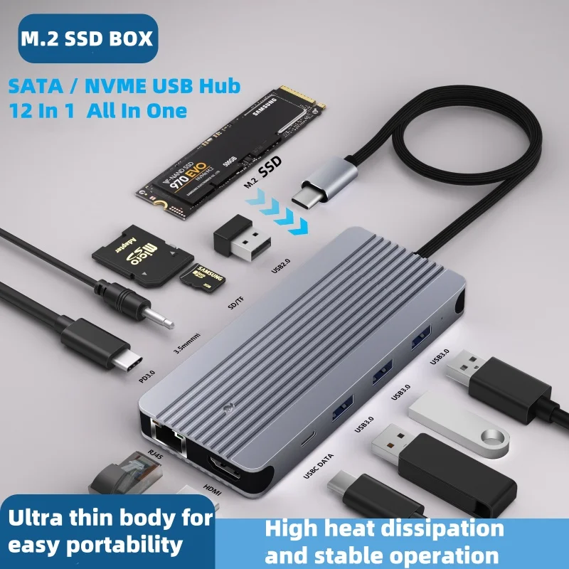 

12 In 1 M.2 SSD SATA / NVME USB 3.0 C Splitter Hub RJ45 Gigabit Ethernet Port 4K HDMI Adapter 3.5mm Audio Expander For PC Laptop