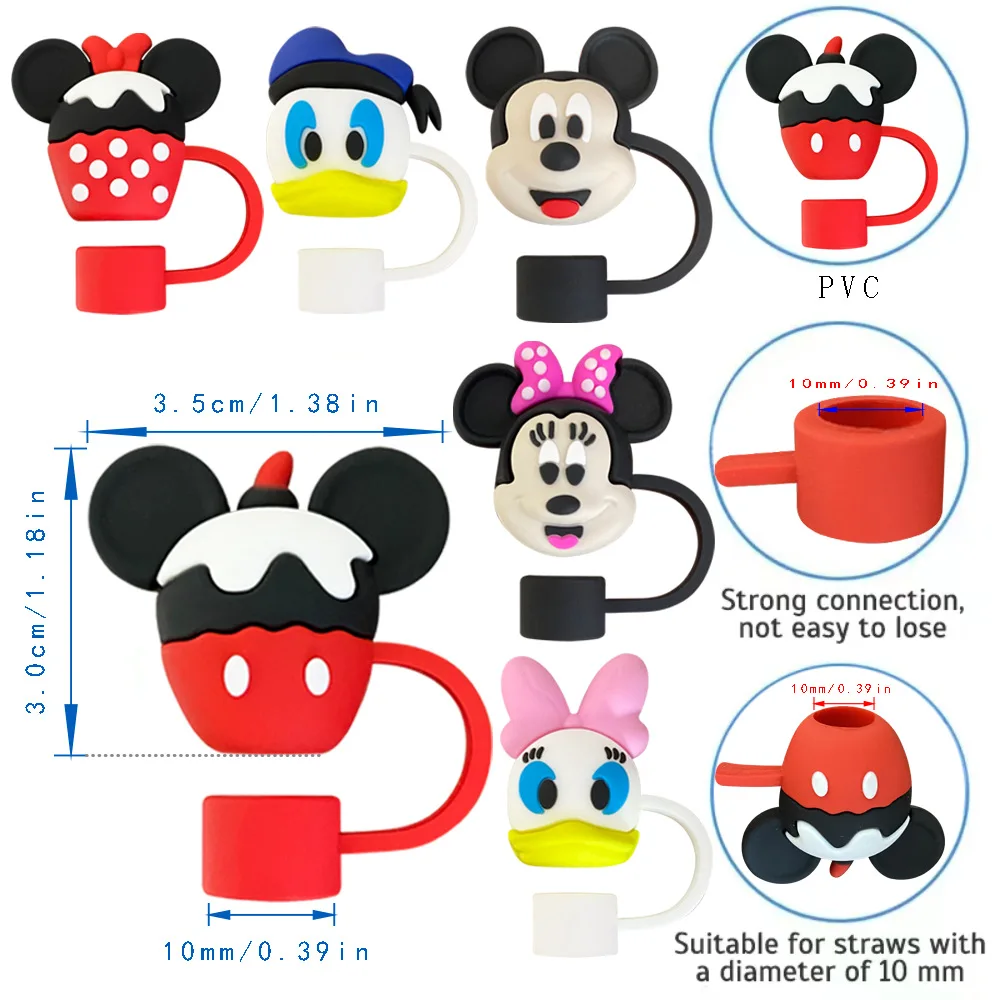 MINISO 3D Stereo Mickey Minnie Straw Cover Cap 10MM Drink Straw Plug Reusable Fit Cup Accessories Straw Cap Charms Pendant Gift