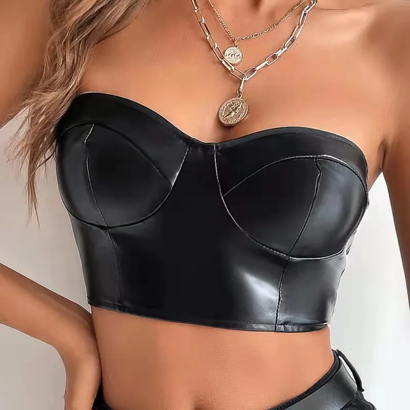 Factory Direct Wholesale New Cross-Border Export Solid Color Shiny Leather Wrapped Chest Short Crop Top European and American Wo