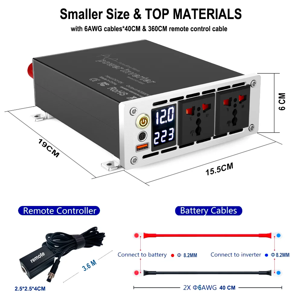 Conversor regulador de tensão do carro CA DC onda senoidal pura inversor de potência de alta confiabilidade, 12V a 220V, pico 3000W com controle remoto