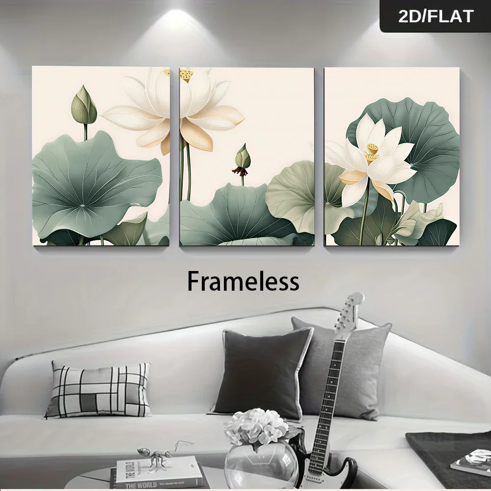 Multiple sizes 3pc frameless Canvas Painting One set of Neo-Chinese Zen-inspired Lotus Triptych Frameless Painting, Simple Ink P