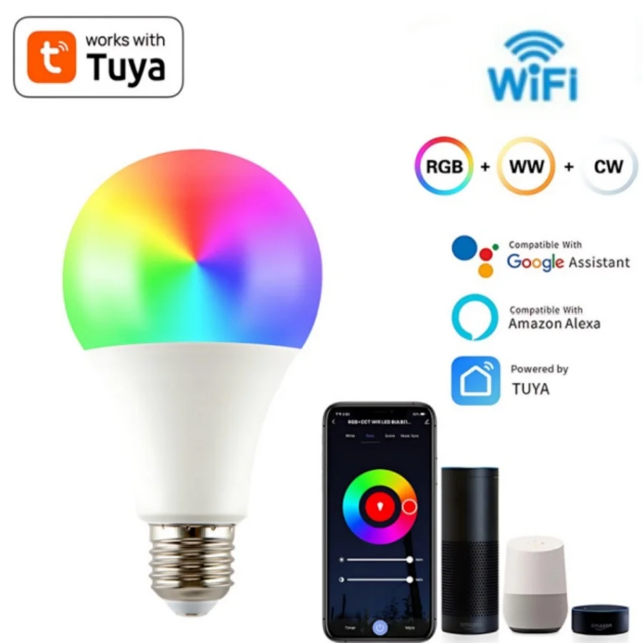 

Tuya Smart WiFi LED Bulb E27 10W 15W 20W AC 220V 110V RGB LED Lamp Dimmable APP Voice Control Works With Alexa Google Home