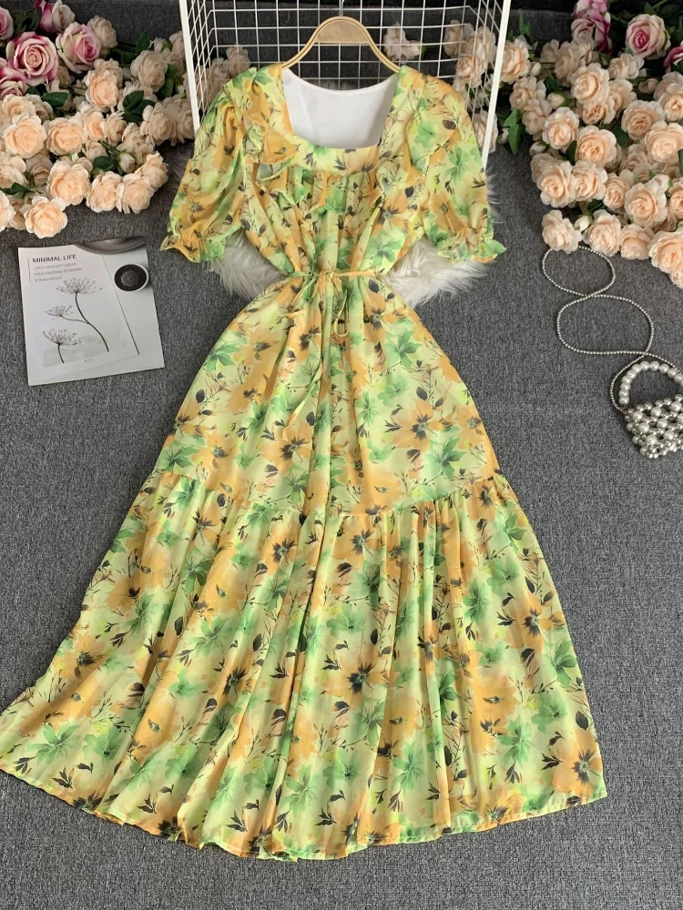 

Summer Fashion Vintage Chiffon Print Beach Vacation Party A-line Dress Women New Square Neck Short Sleeve High Waist Robe