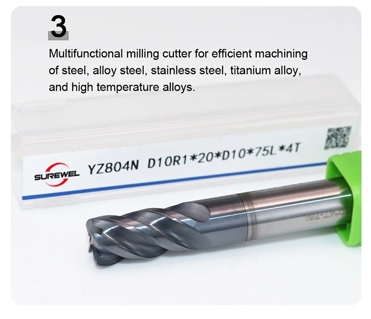 SUREWEL 4-Schneider-Rundnase-Schaftfräser aus Vollhartmetall, Fräswerkzeug CNC für Stahl, Eckenradius-Schaftfräser – Detail 8