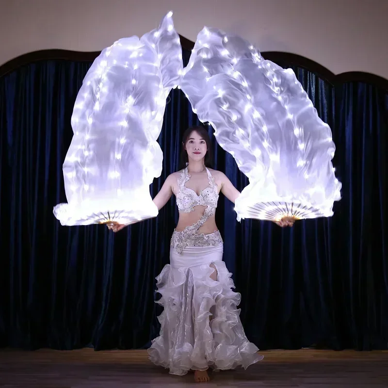 Carnival LED Rechargeable or Battery Fans Real Silk Veil Stage Performance Light Show White Belly Dance Luminous Fan Accessorie