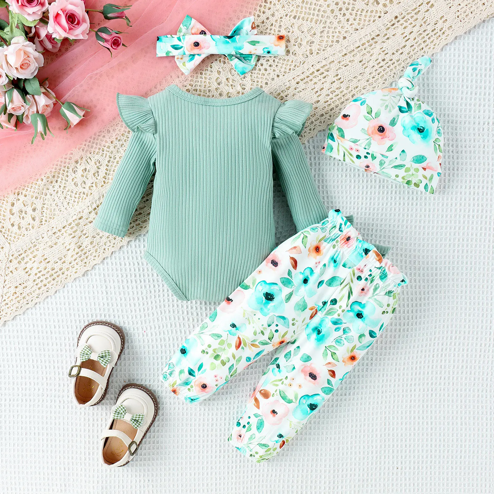 Newborn Baby Girls Autumn Spring Casual Cute Outfit Long Sleeve Romper with Pants Hat Headband for Baptism Party Photography image 3