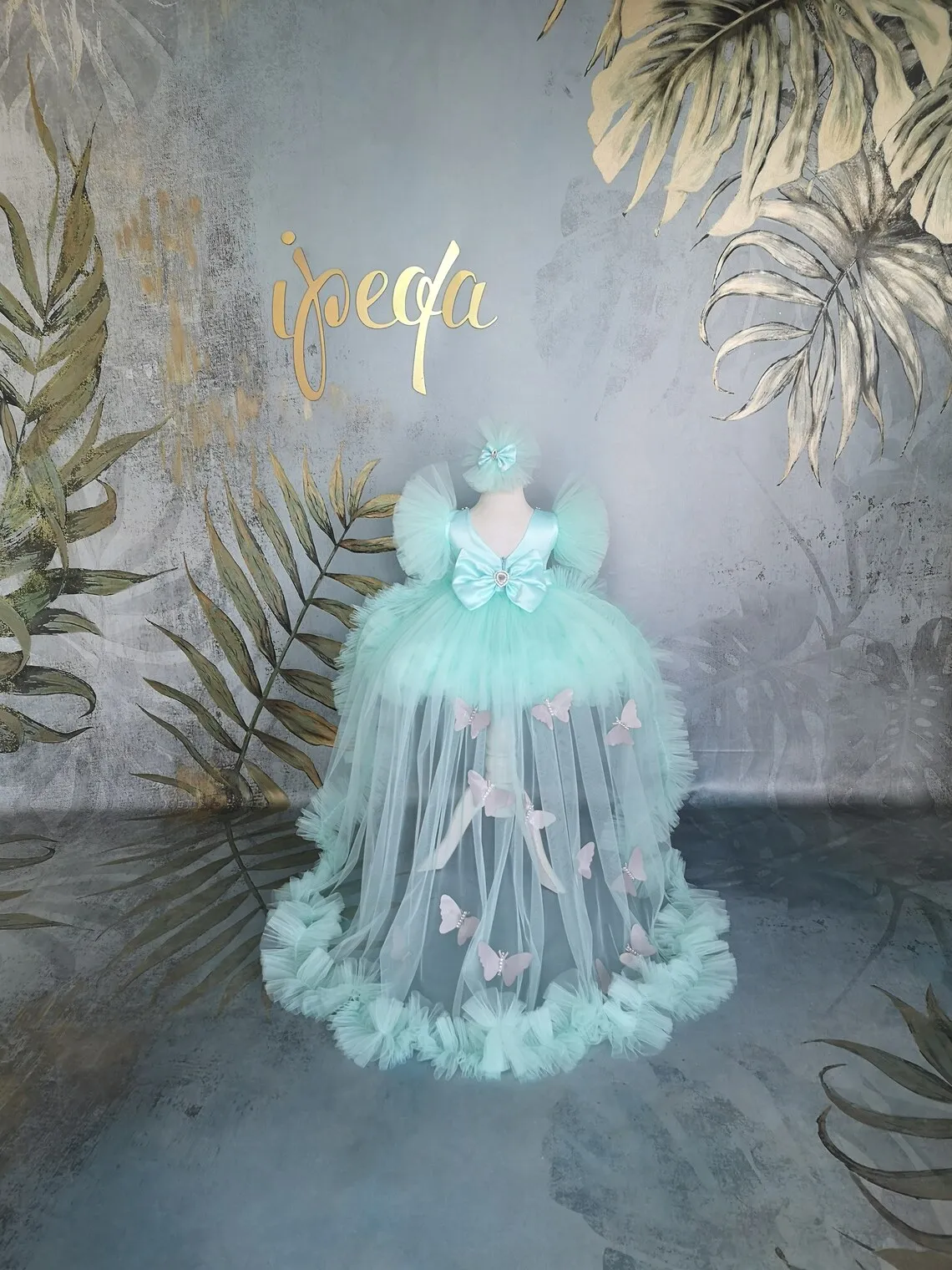 Vestidos de florista aqua inchado, tule borboleta, vestido de festa de casamento, arco de strass infantil, vestido sagrado primeira comunhão