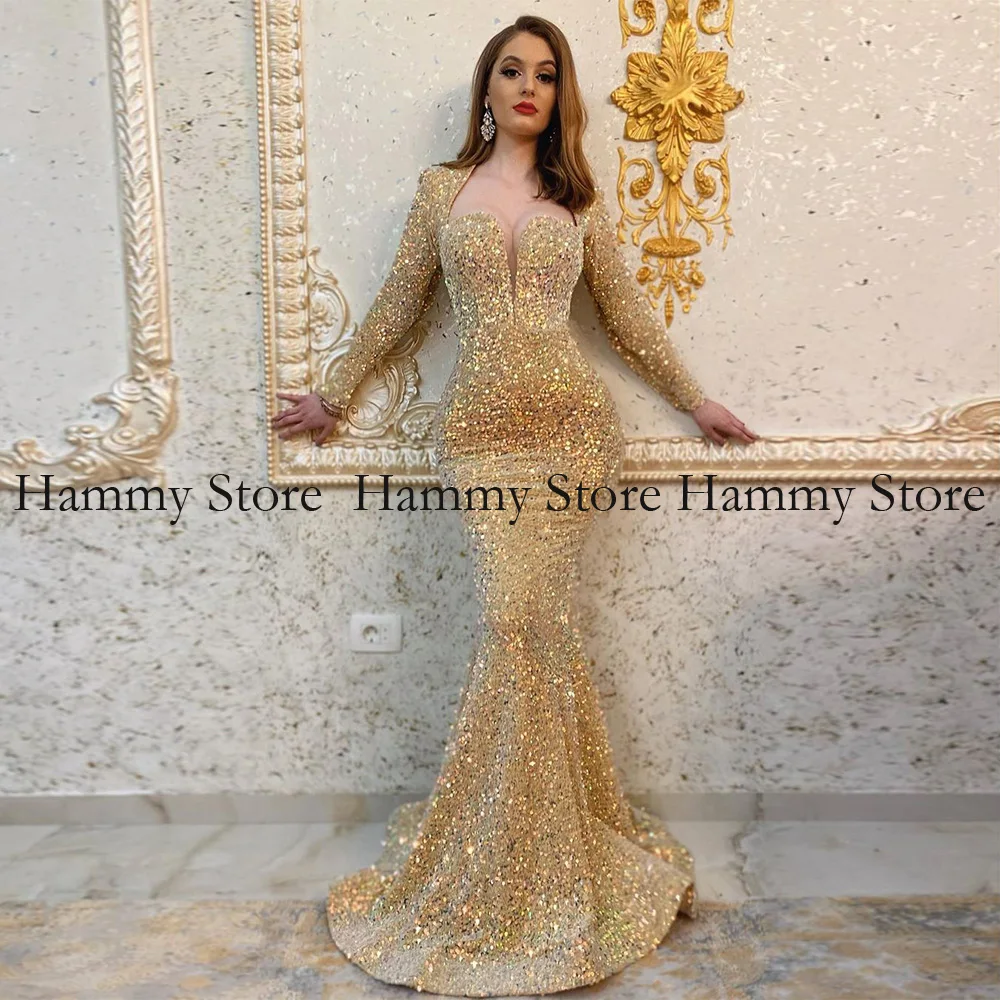 

Champagne Mermaid Evening Dresses Long Sleeve Deep V Neck Sparkling Sequin Prom Gown Celebrity Party Dress for Pageant