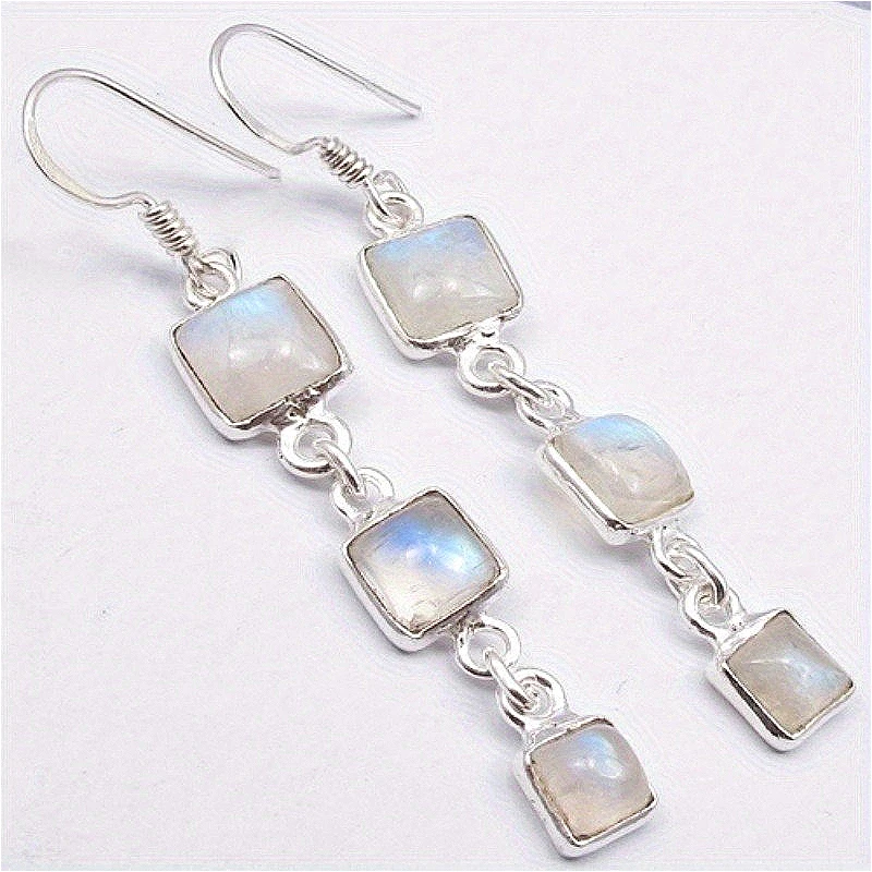 Böhmischer Stil, quadratisch, synthetischer Mondlichtstein, lange baumelnde Ohrringe für Frauen, elegant, exquisit, Hochzeitsbankett, Schmuckanhänger