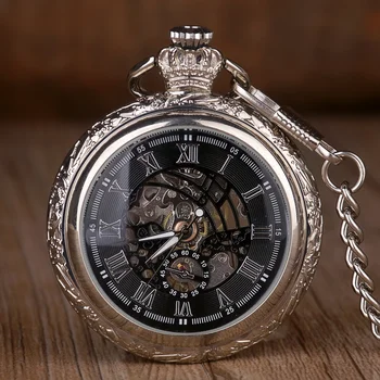 Klassische silberne römische Ziffer Zifferblatt Taschenuhr mechanische automatische Vintage Steampunk Kette Anhänger Geschenk reloj de bolsillo
