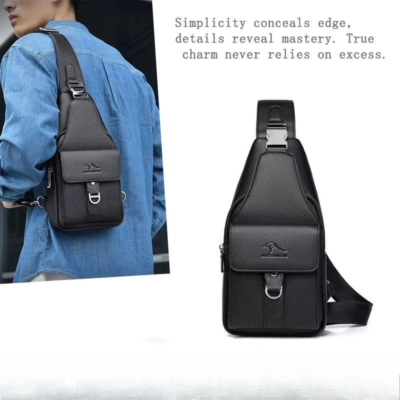 Men's chest bag large capacity PU leather diagonal backpack large capacity simple light commuting shoulder bag