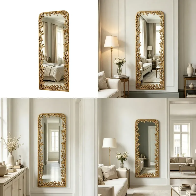 French Luxury Floor to Ceiling Mirror Wall Mounted Full Length Mirror for Home Living Room Master Design Artistic Leaf Border