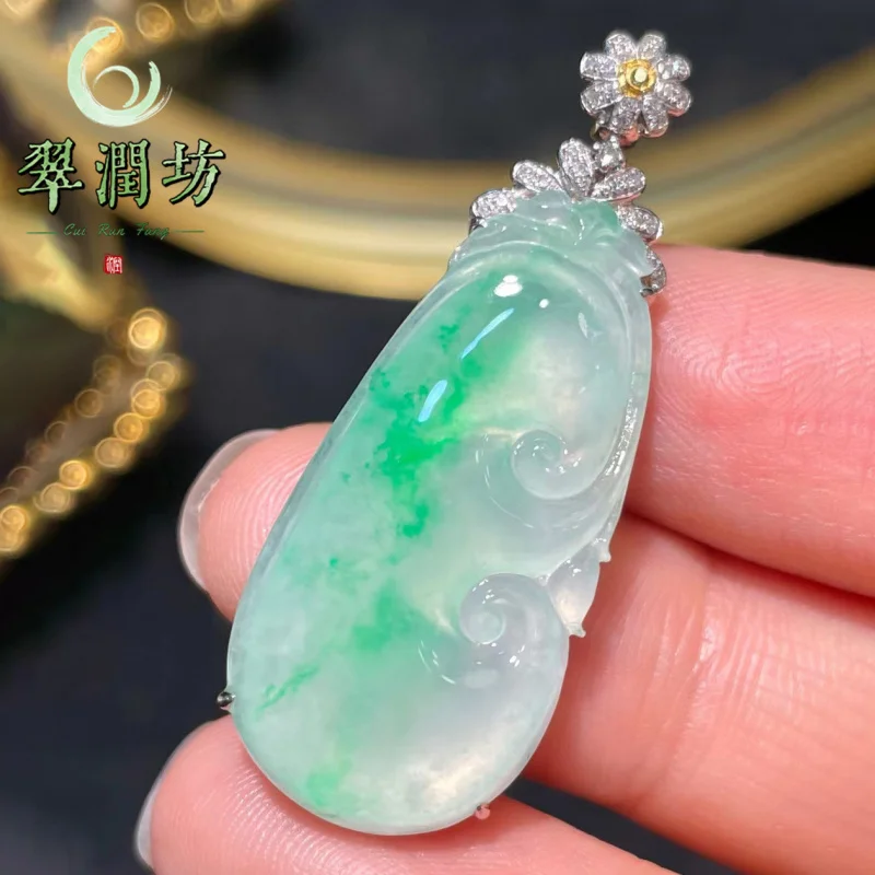 Cui Run Fang Ice Green Jadeite Ruyi Pendant for Women, 18k Gold Inlay, Natural Burmese Old Mine Grade A